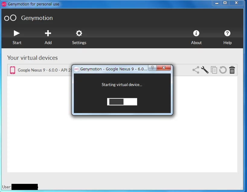 genymotionデバイス起動中