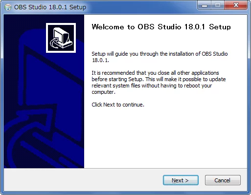 obs studioインストーラー(welcomeページ)