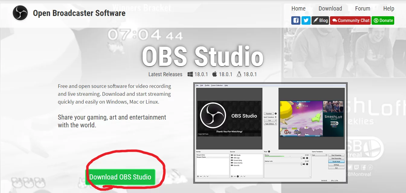obs studioダウンロードボタンをクリック